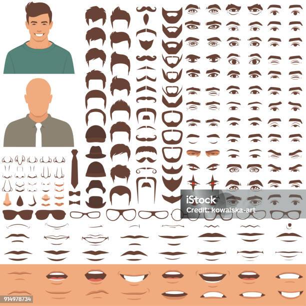 Man Face Parts Character Head Eyes Mouth Lips Hair And Eyebrow Icon Set Stock Illustration - Download Image Now