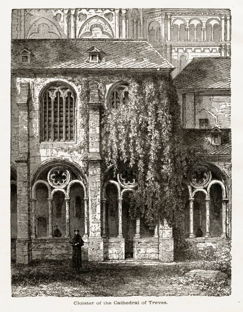 Cloister of Cathedral of Treves in Trier, Germany, Circa 1887 Beautifully Illustrated Antique Engraved Victorian Illustration of Cloister of Cathedral of Treves in Trier, Germany, Circa 1887. Source: Original edition from my own archives. Copyright has expired on this artwork. Digitally restored. black and white travel travel destinations monk stock illustrations