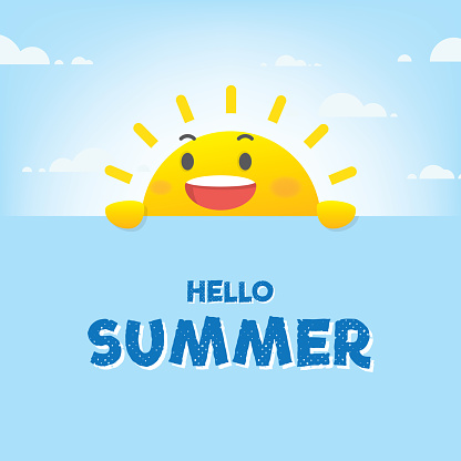 Sun character on the summer tag heading design for banner or poster. Vector illustration.