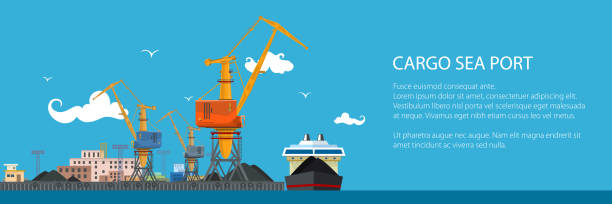 ilustrações de stock, clip art, desenhos animados e ícones de banner with cargo sea port - coal crane transportation cargo container