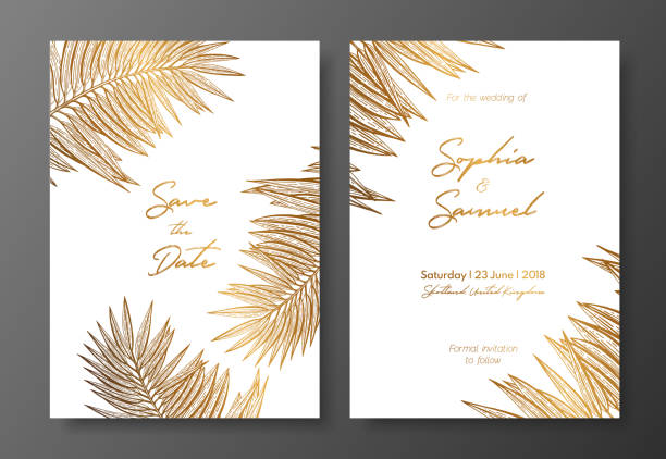 Gold wedding invitation with tropical leaves. Vector elements for design template. Gold tropical leaves for cards, wedding invites, save the date, greeting design, thank you cards, brochures, banners. Gold wedding invitation with tropical leaves. Vector elements for design template. Gold tropical leaves for cards, wedding invites, save the date, greeting design, thank you cards, brochures, banners thank-you-gold-greeting-card stock illustrations