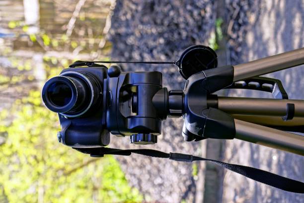 istock Black camera on a tripod standing on the street 915003856