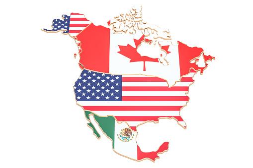 North america map with flags of the USA, Canada and Mexico. 3D rendering isolated on white background