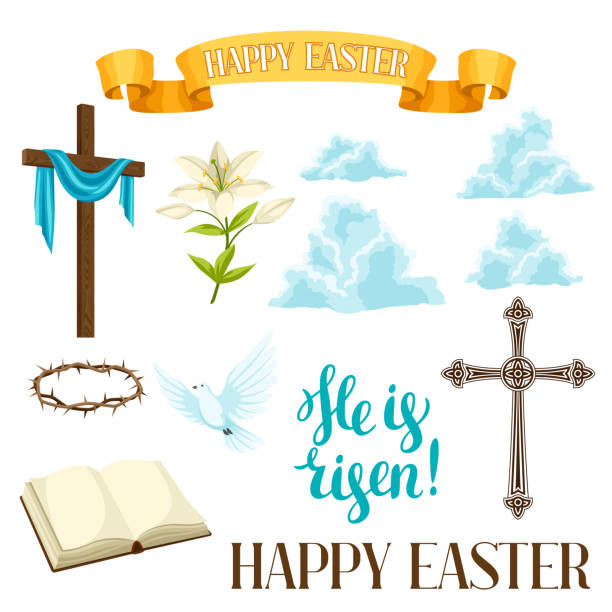 Happy Easter set of decorative objects. Religious symbols of faith Happy Easter set of decorative objects. Religious symbols of faith. pics of a cross easter lilies stock illustrations