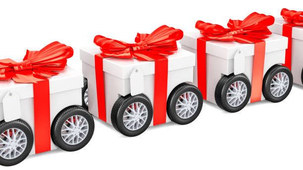 istock Row from gift boxes on wheels, fast gift delivery concept. 3D rendering isolated on white background 915017160