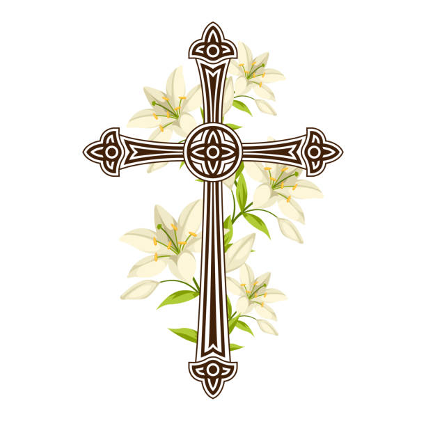 Silhouette of ornate cross with lilies. Happy Easter concept illustration or greeting card. Religious symbols of faith Silhouette of ornate cross with lilies. Happy Easter concept illustration or greeting card. Religious symbols of faith. easter silhouettes stock illustrations