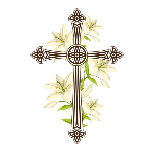 Silhouette of ornate cross with lilies. Happy Easter concept illustration or greeting card. Religious symbols of faith Silhouette of ornate cross with lilies. Happy Easter concept illustration or greeting card. Religious symbols of faith. pics of a cross easter lilies stock illustrations