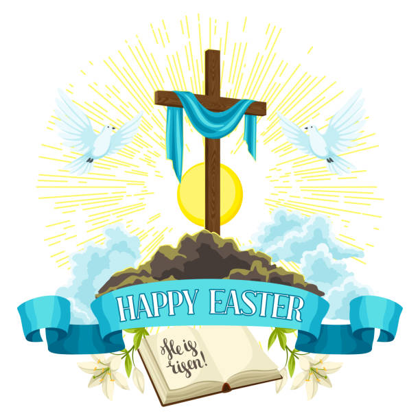 Wooden cross with shroud, bible and doves. Happy Easter concept illustration or greeting card. Religious symbols of faith Wooden cross with shroud, bible and doves. Happy Easter concept illustration or greeting card. Religious symbols of faith. pics of a cross easter lilies stock illustrations
