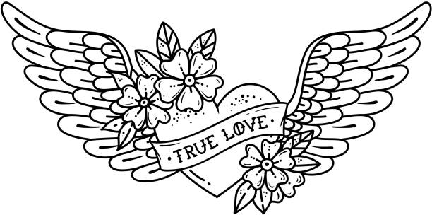 illustrations, cliparts, dessins animés et icônes de tatouage coeur avec des ailes de vol. tatouage coeur avec ruban et de fleurs. amour sincère. illustration de noir et blanc - valentines day love true love heart shape