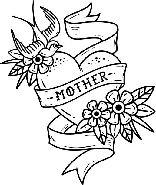 ilustrações, clipart, desenhos animados e ícones de isolado da tatuagem o coração com fita, andorinha, flores e palavra de mãe. ilustração a preto e branco para o dia das mães. - rose family