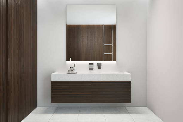 istock Dark wooden bathroom interior, sink 915017968