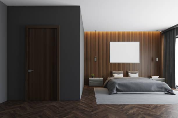 istock Dark wooden bedroom interior, poster 915018232