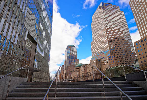 Stairs at Three World Financial Center in Financial District USA New York, USA - April 24, 2015: Stairs at Three World Financial Center in Financial District. It is also known as American Express Tower, or 200 Vesey Street, USA. american express stock pictures, royalty-free photos & images