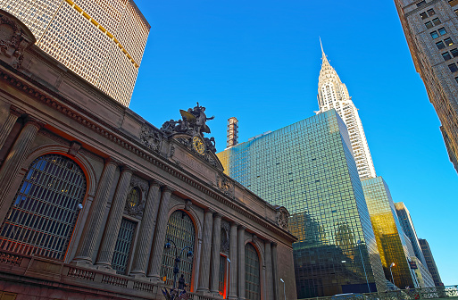 New York, USA - April 24, 2015: Street view of the Entrance in Grand Central Terminal Building in Midtown Manhattan, New York City, USA. It is GCT in short.