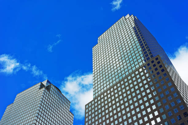 Three World Financial Center in Financial District US New York, USA - April 24, 2015: Three World Financial Center in Financial District. It is also known as American Express Tower, or 200 Vesey Street, US. american express stock pictures, royalty-free photos & images