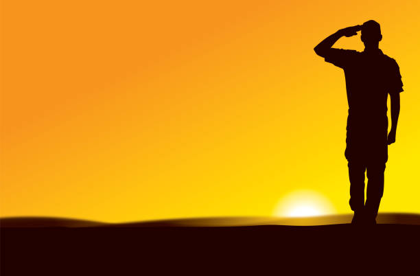 US Army Soldier Saluting at Sun Rise or Sun Set Silhouette illustration of a US Army Soldier Saluting at Sun Rise or Sun Set military parade stock illustrations