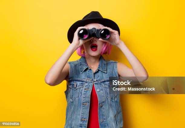 Hipster Girl With Pink Hair Style With Binoculars Stock Photo - Download Image Now - Binoculars, Searching, One Woman Only