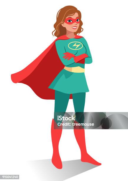 Smiling Friendly Confident Young Caucasian Woman In Superhero Costume And Mask Standing With Folded Arms Vector Cartoon Character Illustration In Flat Contemporary Style Isolated On White Background Stock Illustration - Download Image Now
