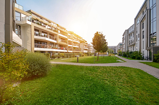 Modern apartment buildings in a green residential area in the city