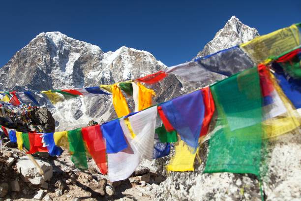 istock Rows of prayer flags and mount Arakam Tse 915045288