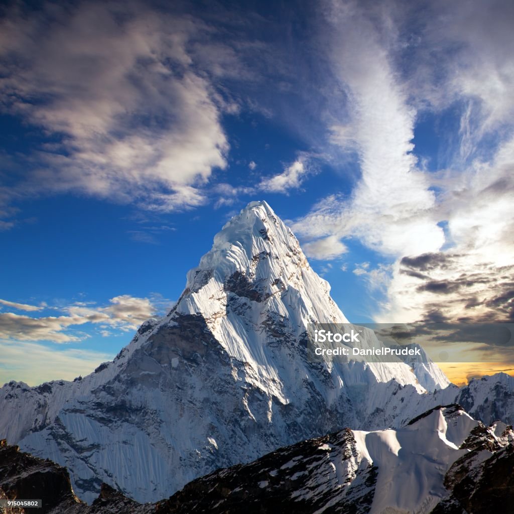 Evening view of Ama Dablam on the way to Everest Evening view of Ama Dablam on the way to Everest Base Camp - Nepal Mountain Stock Photo