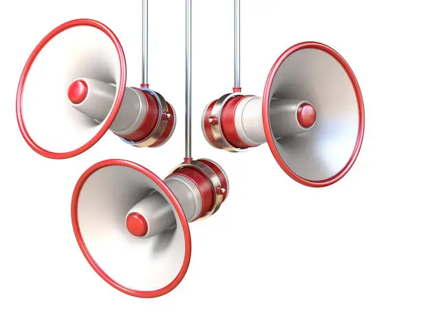 Photo of Three red and white megaphones 3D