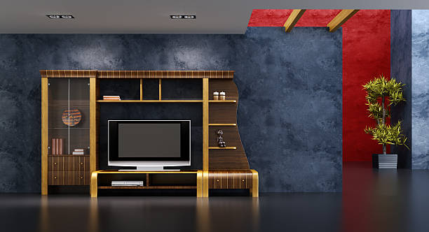 istock lounge room interior with bookshelf and TV 91505555