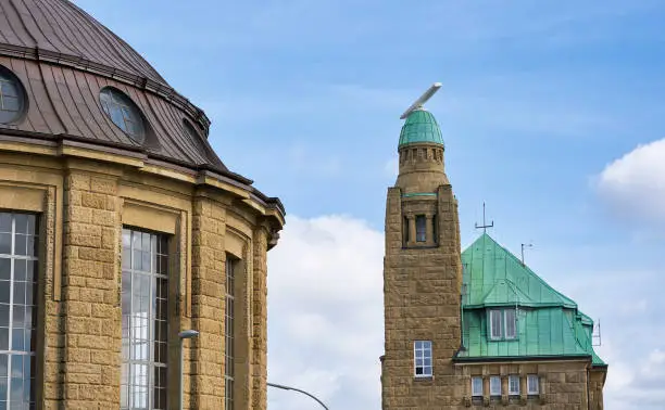 Hamburg, Germany - April 7, 2017: View of St. Pauli's Pier Landungsbrücken station tower in Hamburg