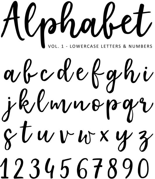 Hand drawn vector alphabet. Brush script font. Isolated lower case letters and numbers written with marker or ink. Calligraphy, lettering Hand drawn vector alphabet. Brush script font. Isolated lower case letters and numbers written with marker or ink, calligraphy, lettering. alphabet silhouettes stock illustrations