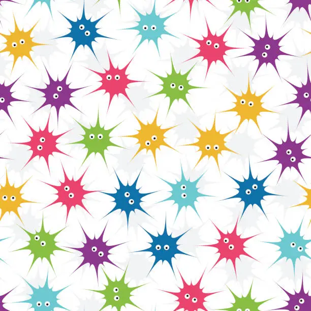 Vector illustration of Funny little monsters or abstract multicolored spiders. Seamless pattern. Halloween background.