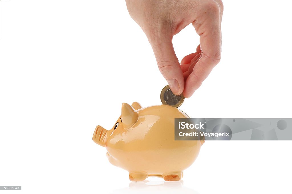 Piggy bank, hand and euro currency  Ceramics Stock Photo