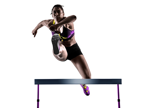 one african runner running hurdlers hurdling  woman isolated on white background silhouette
