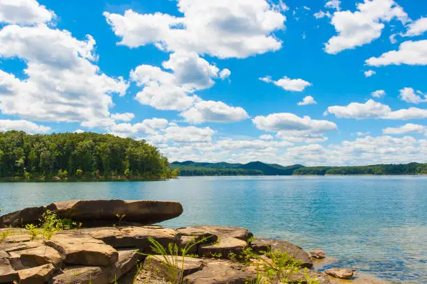 Photo of Summer view of local lake Cave Run with beautiful forest on lake hillside shore and dramatic cloudscape sky in Kentucky, USA