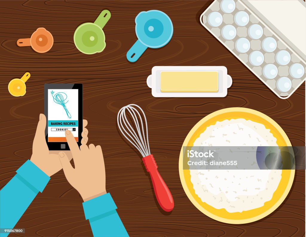 Cooking and Baking From Above Overhead views of people cooking or backing. Looking down onto the counter for a birds-eye view of the work station. Baking stock vector