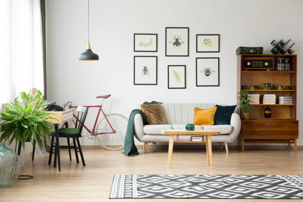 vintage living room with sideboard - vehicle interior green sofa indoors imagens e fotografias de stock