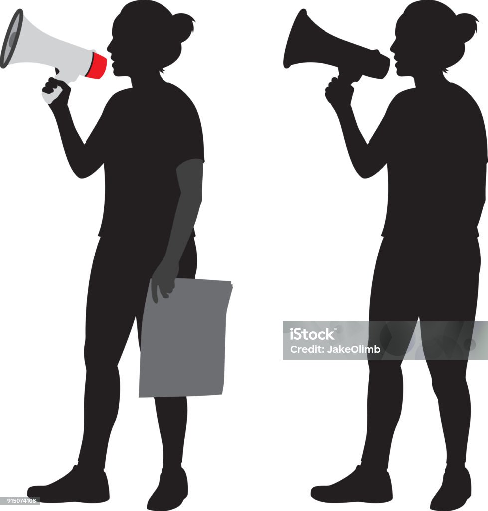 Woman Using Megaphone Silhouette Vector silhouettes of a woman using a megaphone and holding a newspaper. Megaphone stock vector