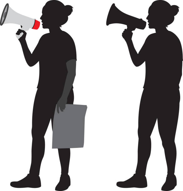 Woman Using Megaphone Silhouette Vector silhouettes of a woman using a megaphone and holding a newspaper. megaphone silhouettes stock illustrations