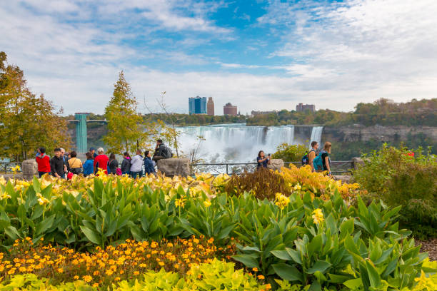 turyści oglądania american falls i bridal veil falls w niagara falls. - bridal veil falls niagara zdjęcia i obrazy z banku zdjęć