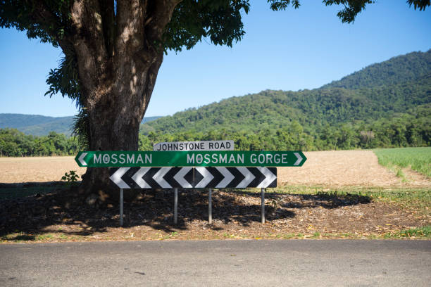 Road sign at Mossman Gorge in Queensland, Australia A road sign at the Mossman Gorge visitor center at the southern part of Daintree National Park in Queensland, Australia mossman gorge stock pictures, royalty-free photos & images