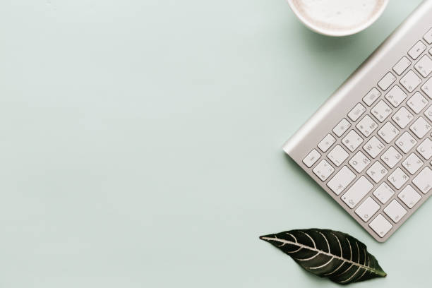 istock Neutral Pastel Flat Lay with keyboard and coffee 915078290