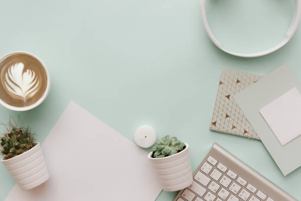 istock Modern Pastel Hipster Flat Lay With white elements. Keyboard, empty blank, potted flowers 915079272
