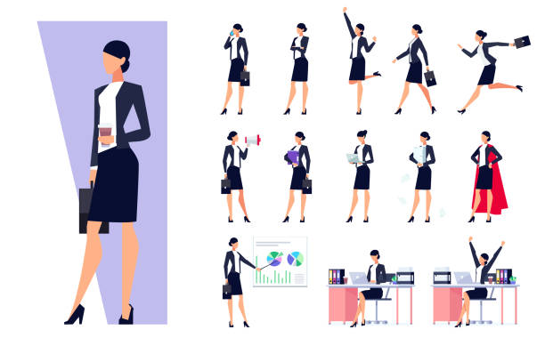 Set of business characters isolated on white background. Set of business characters isolated on white background. Businessman in the workplace. Manager is busy different things, goes, stands, works on the pc, speaks on the phone. Vector illustration. business woman stock illustrations