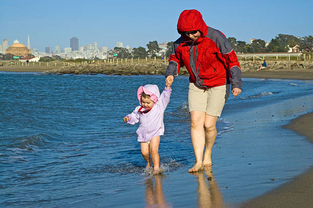 Beach walk by San Francisco Bay stock photo