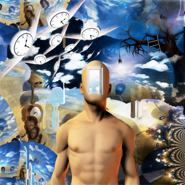 Space and time Abstract painting. Naked man with opened door to another world instead of his face. Other dimensions. Winged clocks represents flow of time. salvador dali stock pictures, royalty-free photos & images