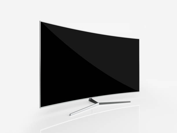 uhd curvado smart tv en fondo blanco reflectante - encorvado fotografías e imágenes de stock