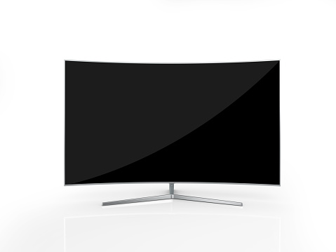 UHD Curved Smart TV on white reflective background. Horizontal composition with copy space. Clipping path is included.