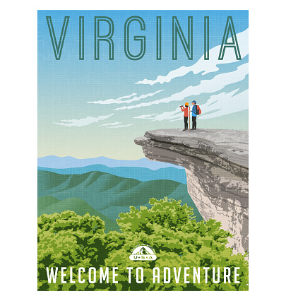 Virginia, United States retro style travel poster or sticker. Scenic view from rocky cliff on the Appalachian Trail.