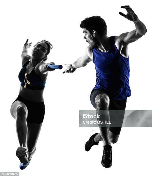 Athletics Relay Runners Sprinters Running Runners Isolated Silho Stock Photo - Download Image Now