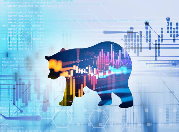 forma de silhueta de urso na técnico financeiro gráfico - moving down chart stock market bear market - fotografias e filmes do acervo