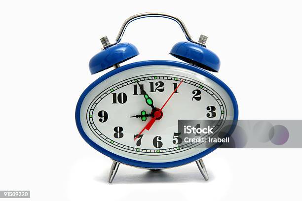 Blue Alarm Clock Isolated On White Stock Photo - Download Image Now - Alarm Clock, Bell, Blue